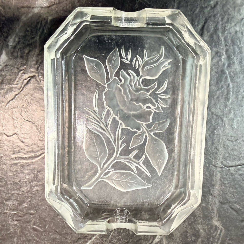 Clear Glass Dish/Ashtray with Rose Pattern
